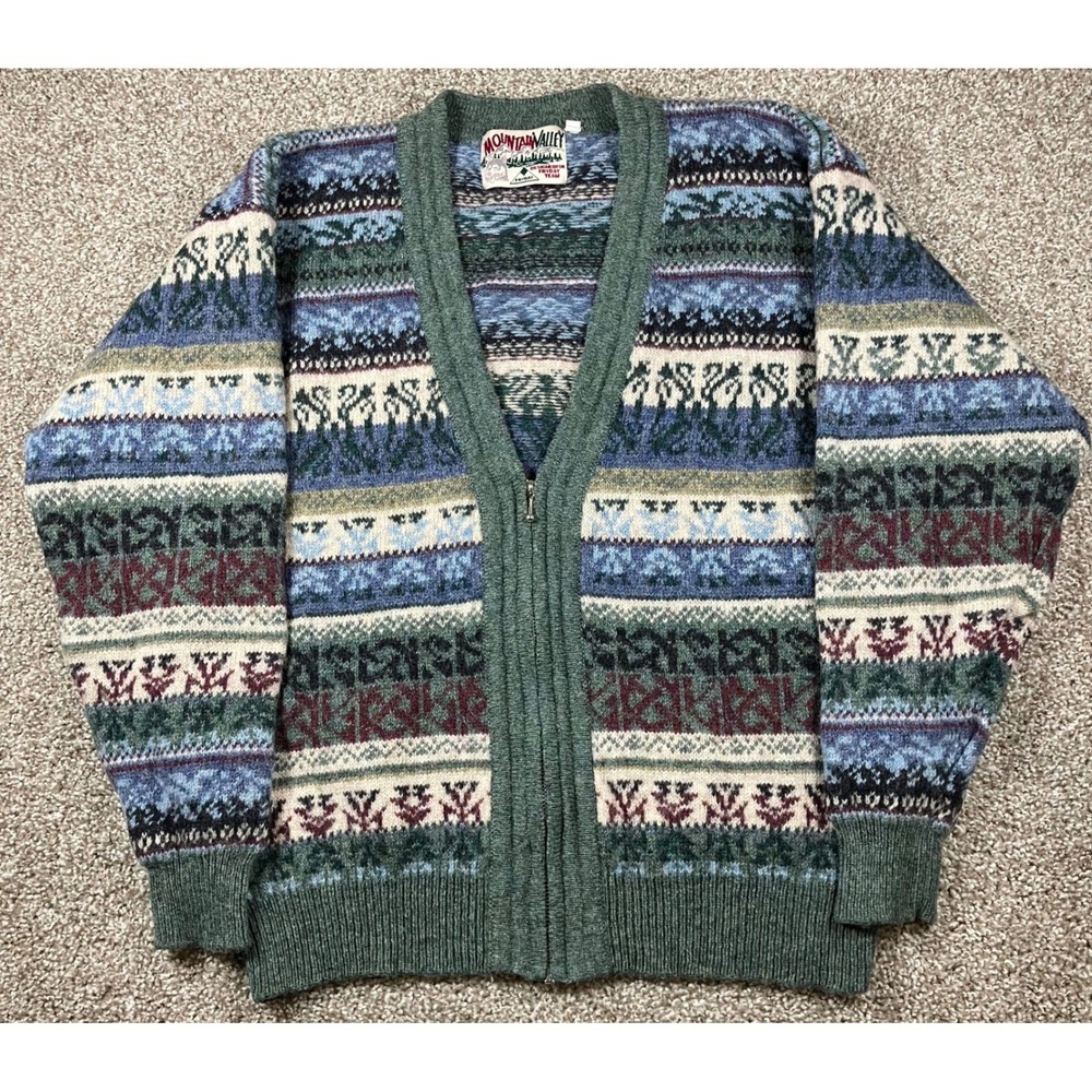 Mountain Valley Fryday Vintage Fair Isle Wool Zip Cardigan Green Multi XL Womens